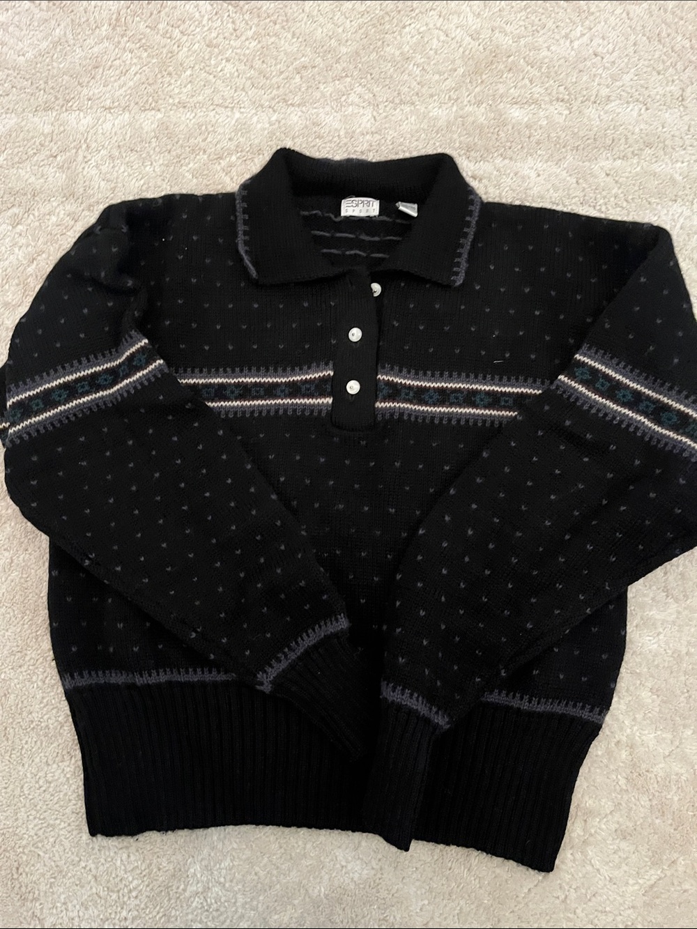 Esprit 1980s Vintage Black Wool Crewneck Polo Sweater with Stripes